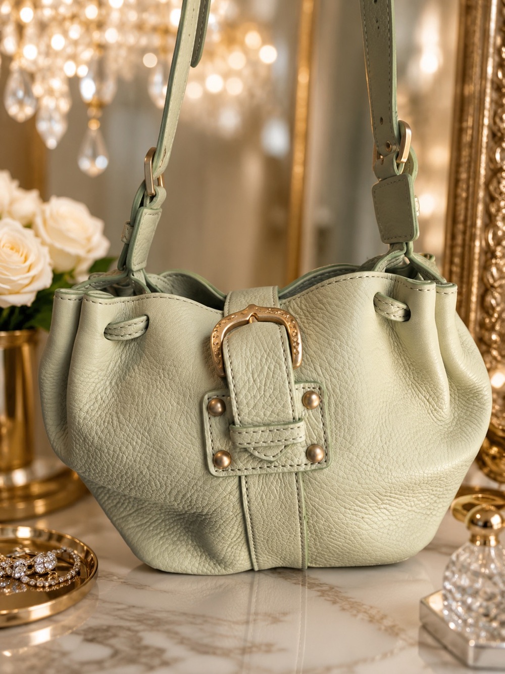 Dooney & Bourke Sage Green Leather Shoulder Bag with Gold Buckle